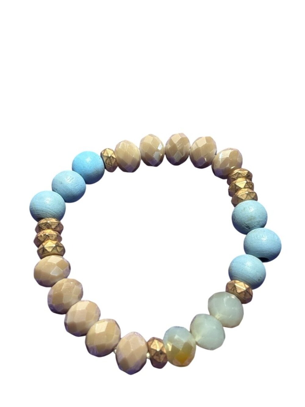 Tan White Faceted Glass Goldtone Blue Wooden Beaded Stretchy Bracelet 6 inches